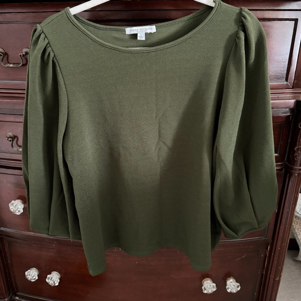 Green Gathered Puff 3/4 Sleeve Blouse - Size L